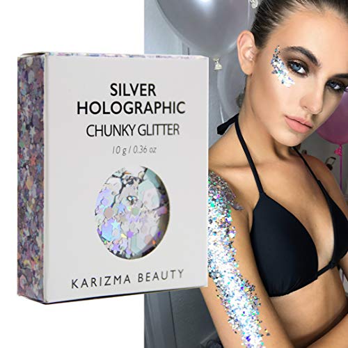 Ezüst Holografikus Chunky Glitter ✮ KARIZMA BEAUTY ✮ 10g Fesztivál Glitter Kozmetikai Arc Test Haj Körmök